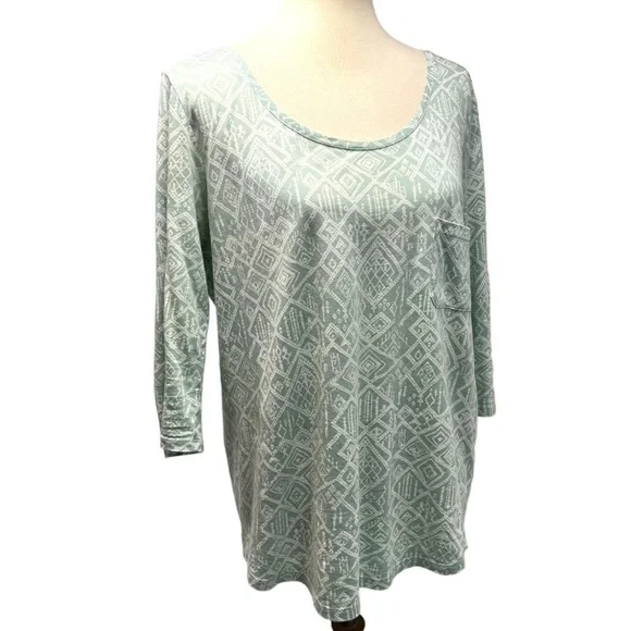 Peruvian Connection Light Green Printed Pima Cotton Bateau Neck Top Women Medium - Picture 7 of 10